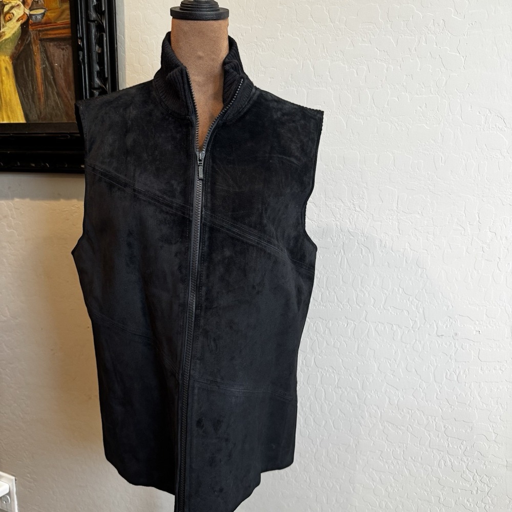 Women's Investments Black Leather and Wool Vest Large Full Zip *Flaw Please Read